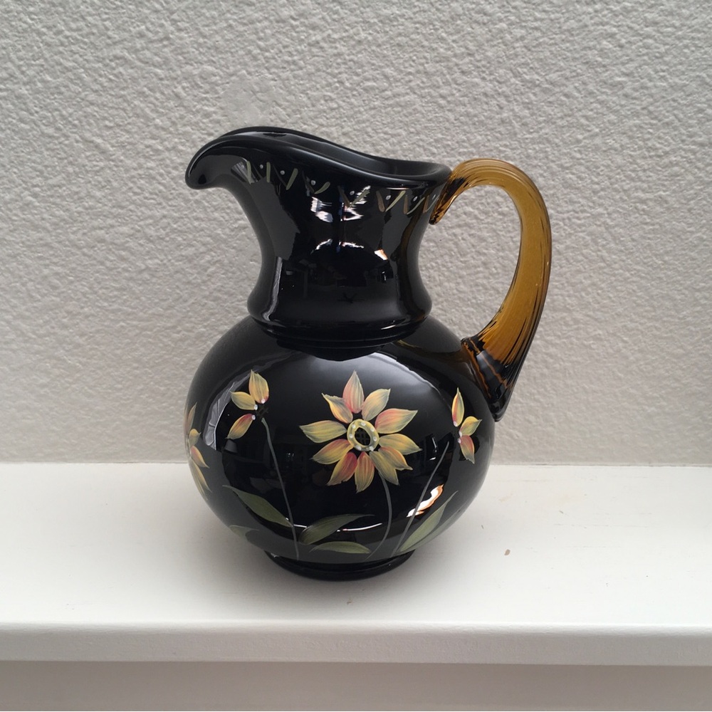 Fenton Art Glass Pitcher Vase Black with Hand Painted Sun Flowers, Signed